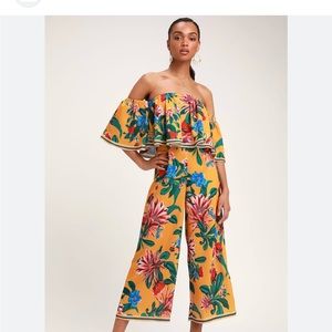 Lulus Honolulu Golden Yellow Floral Print Off-the-Shoulder Jumpsuit L NWT